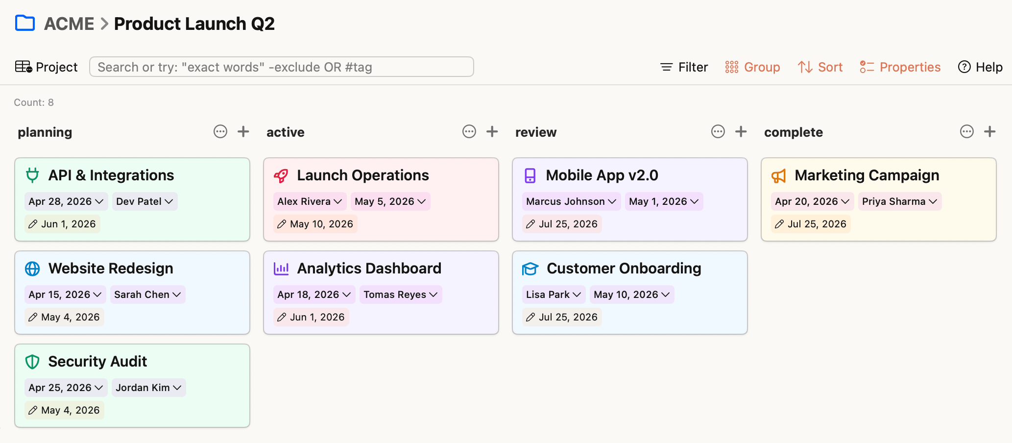 A NotePlan Kanban board with planning, active, review and complete columns built from project notes