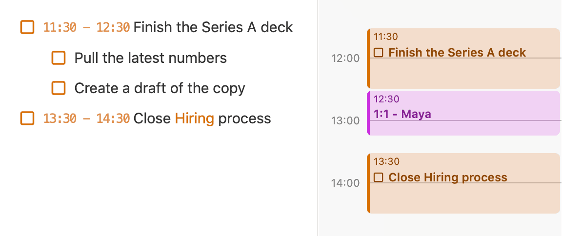 A time-blocked task in the note next to its block on the timeline